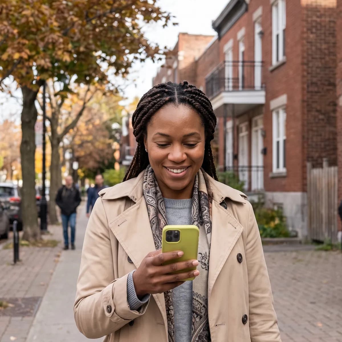 Une femme sourit en regardant son téléphone dans une rue de Montréal
