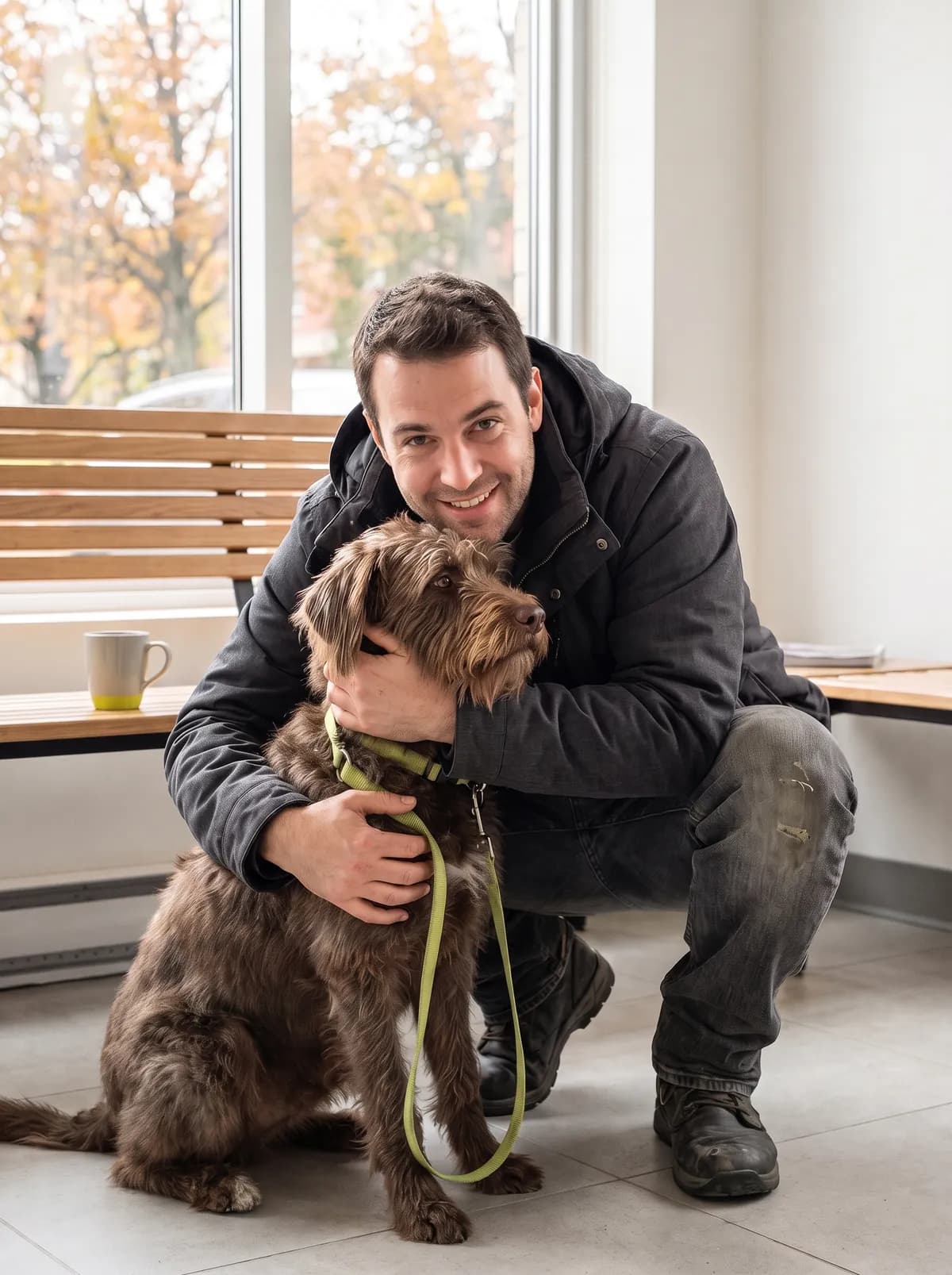 Un homme sourit en serrant son chien dans la salle d’attente d’une clinique vétérinaire